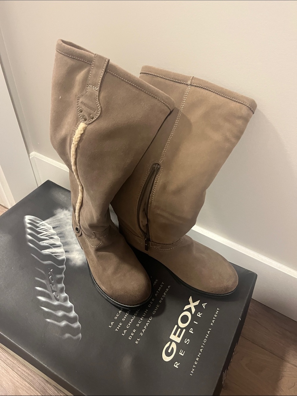 Geox Taupe Ortisei Suede Shearling-Trim Mid-Calf Heeled Boots